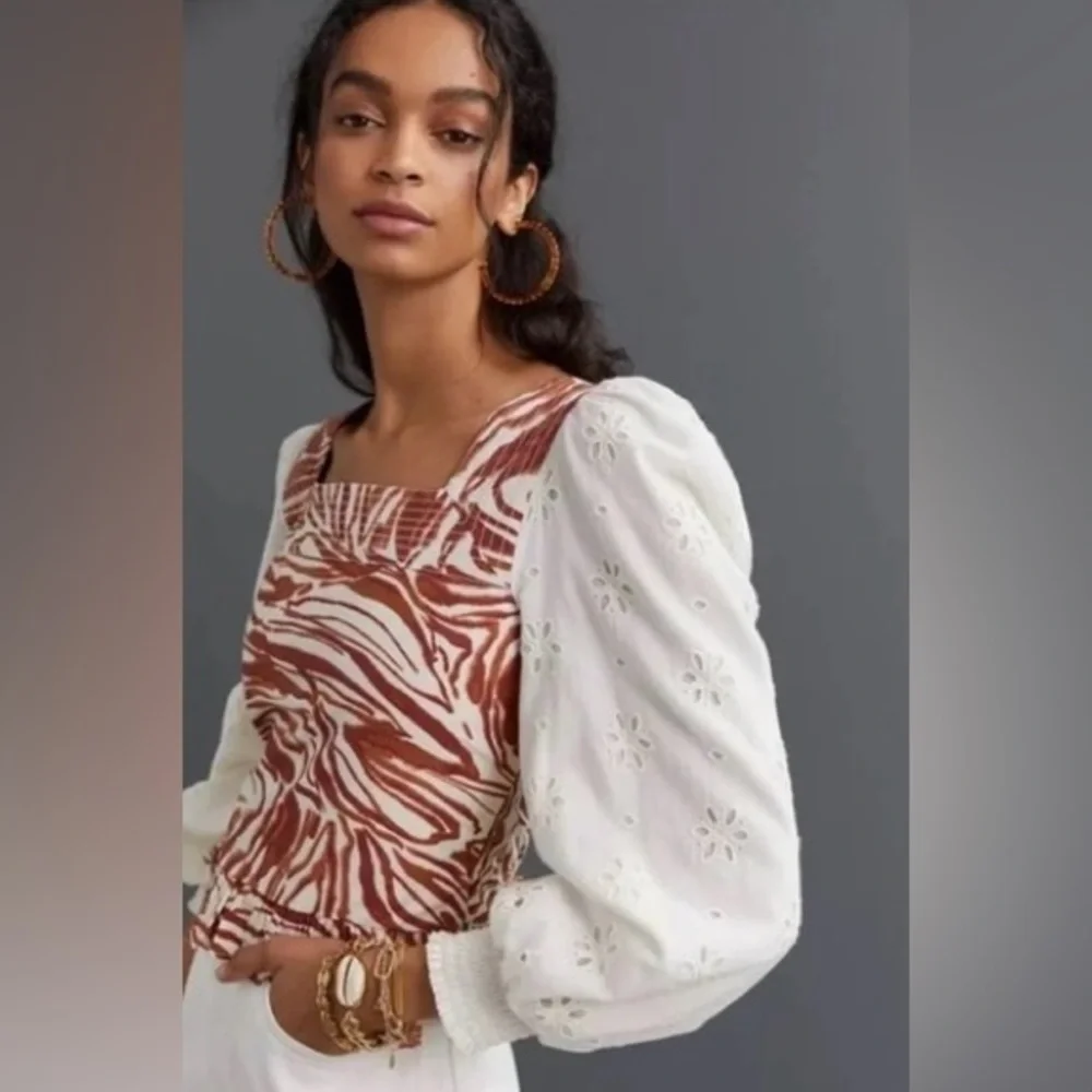ANTHROPOLOGIE Love The Label Smocked Eyelet Puff Sleeve Blouse with Zebra Bodice
